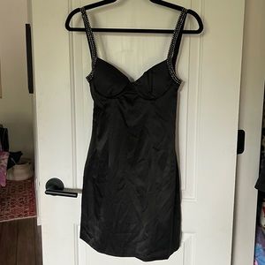 Meshki Black Silk Mini Dress with Rhinestone Straps